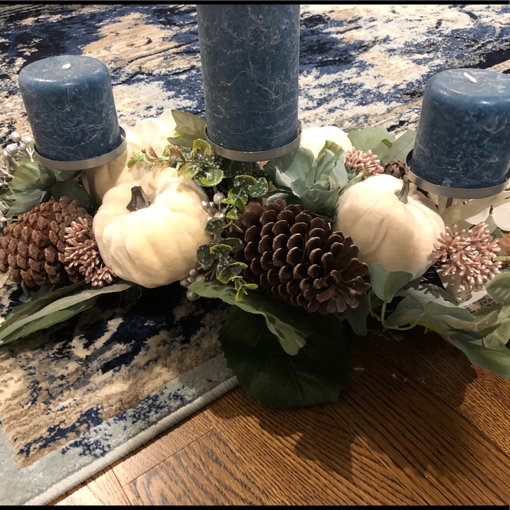Fall/ winter centerpiece with 2 blue candles